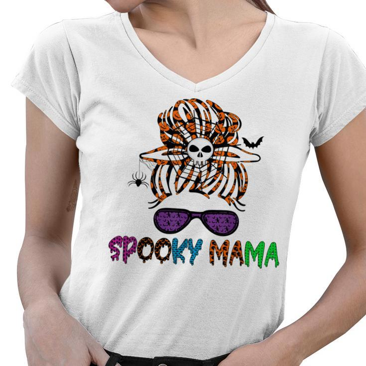 Sunglasses Mama Halloween Messy Bun Skull Witch Mom Spooky  Women V-Neck T-Shirt