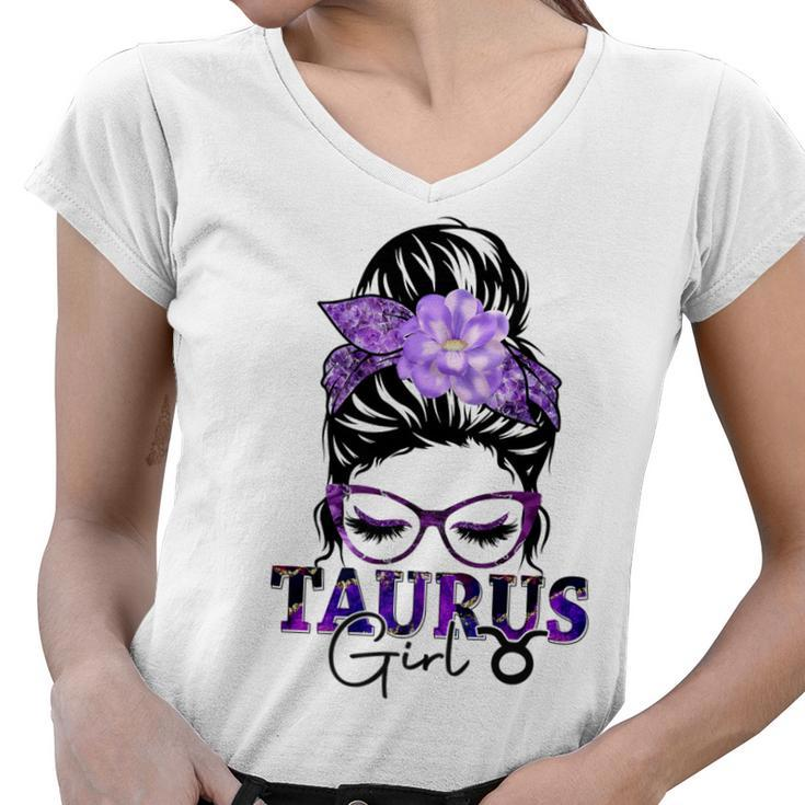 Taurus Girl Birthday Messy Bun Hair Purple Floral   Women V-Neck T-Shirt