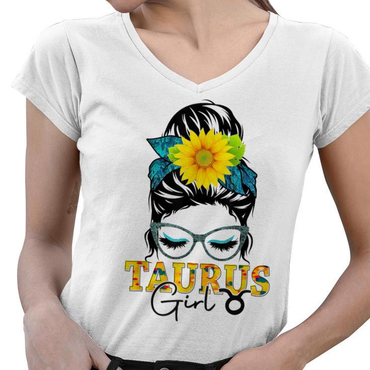 Taurus Girl Birthday Messy Bun Hair Sunflower  Women V-Neck T-Shirt