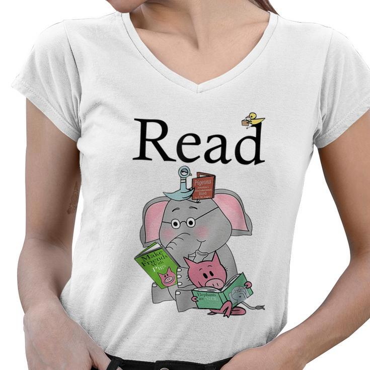 Teacher Library Read Book Club Piggie Elephant Pigeons Funny Tshirt Women V-Neck T-Shirt