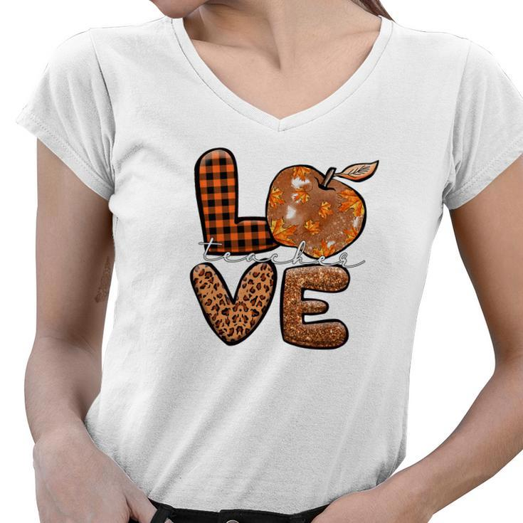 Teacher Love Fall Season Pumpkin Pattern Women V-Neck T-Shirt