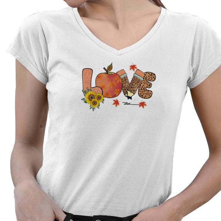Teacher Love Peace Teach Thanksgiving Fall Pumpkin Women V-Neck T-Shirt