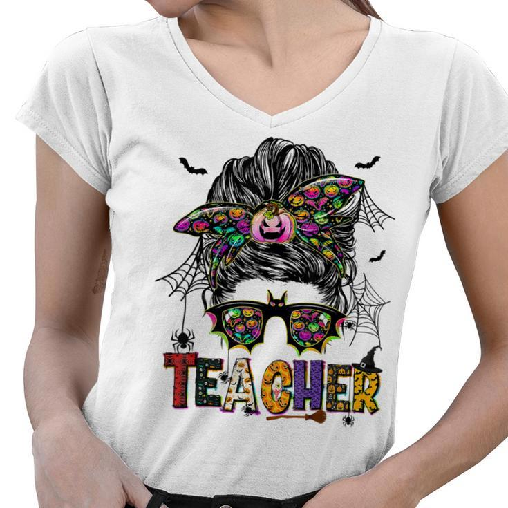 Teacher Messy Bun Women Sunglasses Funny Halloween Costumes  Women V-Neck T-Shirt