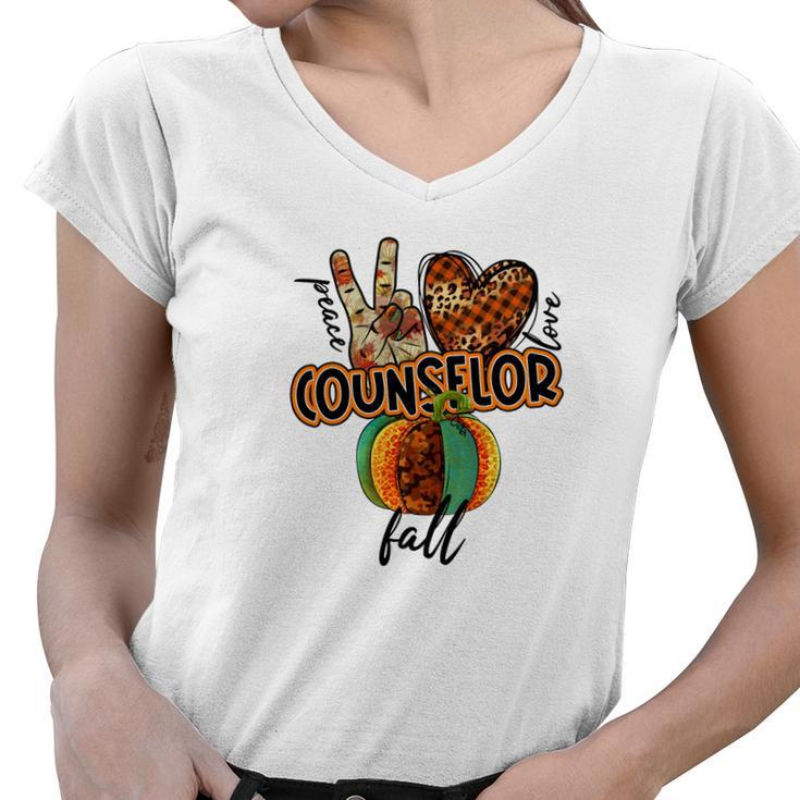 Teacher Peace Love Fall Counselor Women V-Neck T-Shirt
