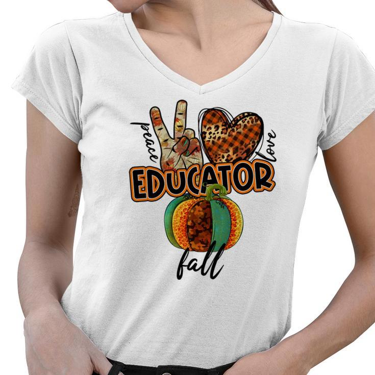 Teacher Peace Love Fall Educator Women V-Neck T-Shirt