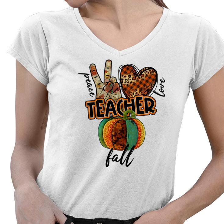 Teacher Peace Love Fall V2 Women V-Neck T-Shirt