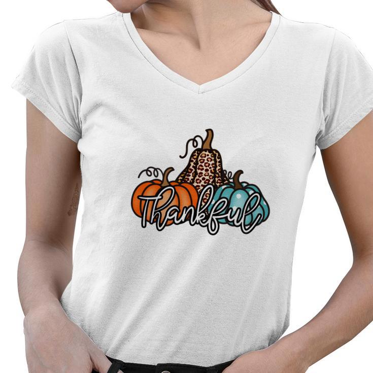 Thankful Colorful Pumpkins Fall Season Women V-Neck T-Shirt
