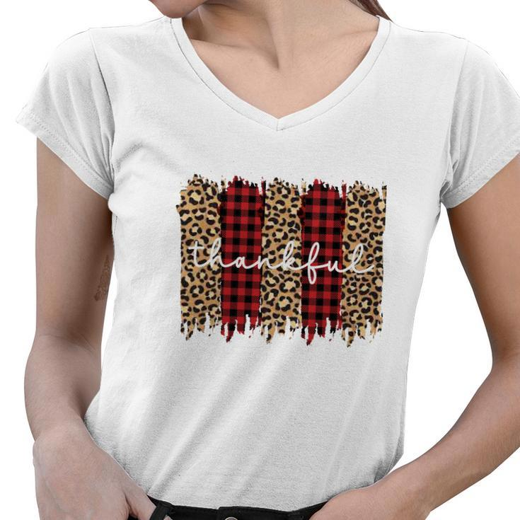 Thankful Fall Leopard Red Plaid Pattern Women V-Neck T-Shirt