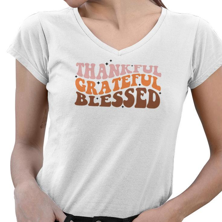 Thankful Grateful Blessed Groovy Style Gift Fall Women V-Neck T-Shirt