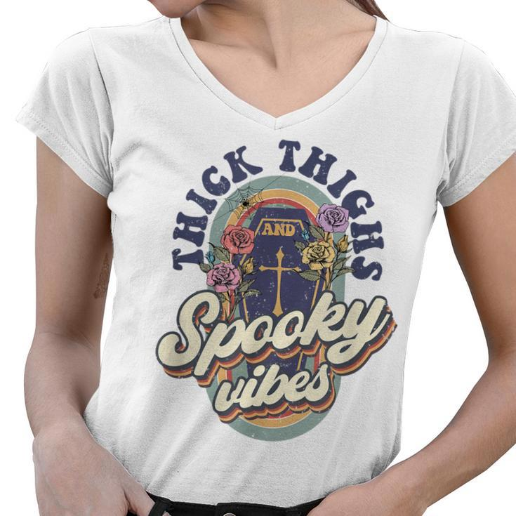 Thick Thighs And Spooky Vibes Retro Spooky Halloween  Women V-Neck T-Shirt