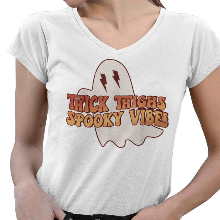 Thick Thighs Spooky Vibes Funny Happy Halloween Spooky  Women V-Neck T-Shirt