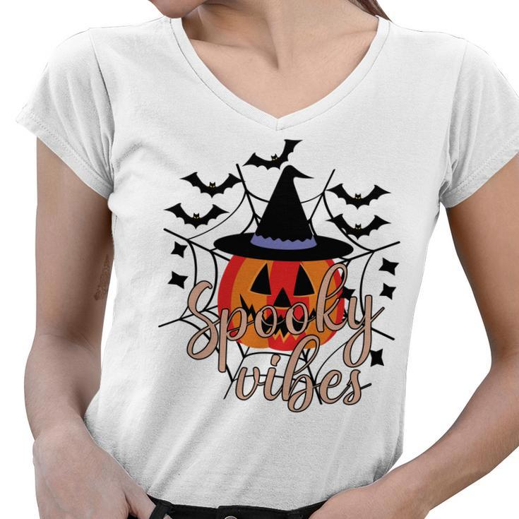 Thick Thights And Spooky Vibes Halloween Pumpkin Ghost Women V-Neck T-Shirt