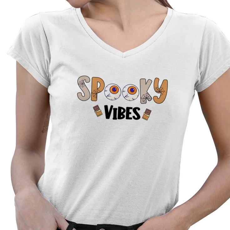 Thick Thights And Spooky Vibes Monster Eyes Halloween Women V-Neck T-Shirt