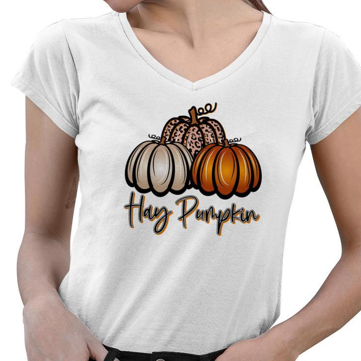 Three Pumpkins Hay Pumpkin Fall Women V-Neck T-Shirt