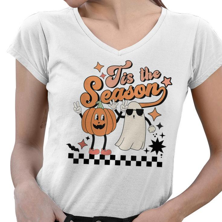 Tis The Season Halloween Ghost Pumpkin Spice Spooky Season  Women V-Neck T-Shirt