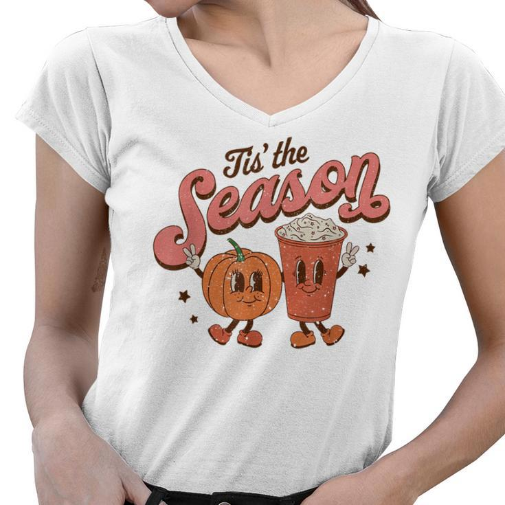 Tis The Season Pumpkin Spice Funny Fall Vibes Autumn Retro  Women V-Neck T-Shirt