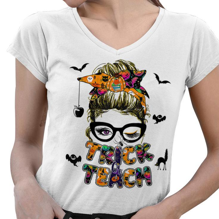Trick Or Teach Funny Teacher Halloween Costume 2022  Women V-Neck T-Shirt