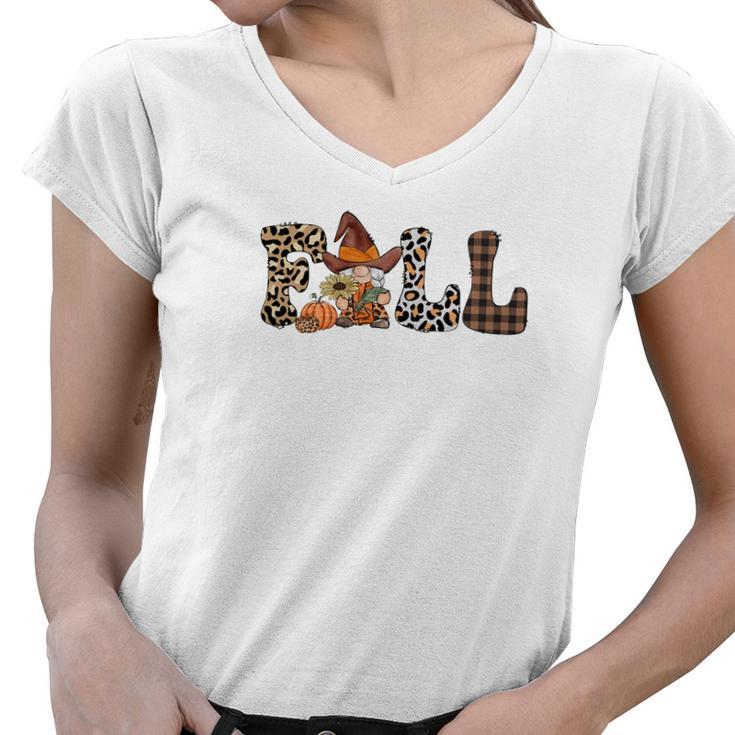 Vintage Autumn Fall In Love With Autumn And Gnome Women V-Neck T-Shirt