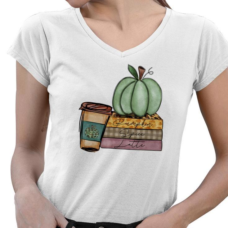 Vintage Autumn Pumpkin Spice Latte Women V-Neck T-Shirt