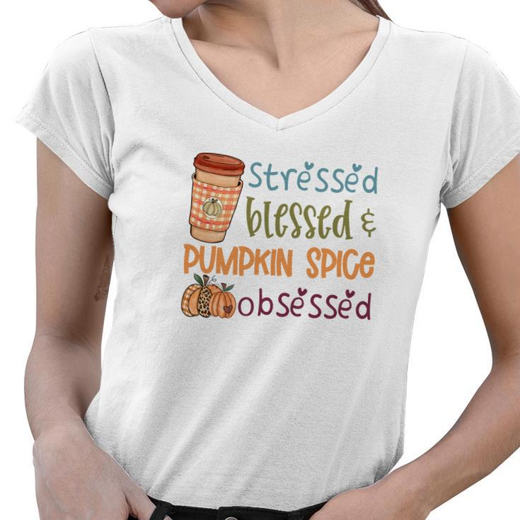 Vintage Autumn Stressed Blessed _ Pumpkin Spice Bsessed Women V-Neck T-Shirt