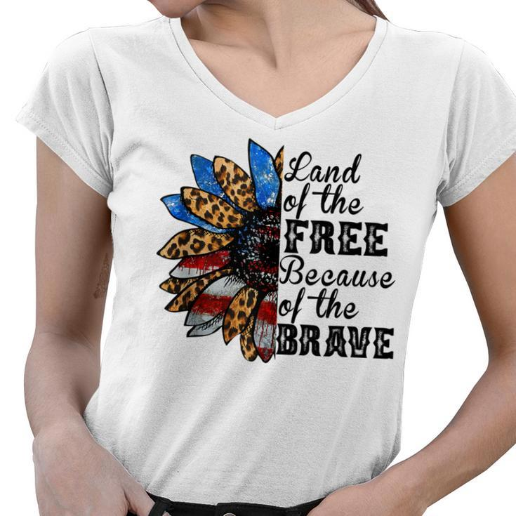 Vintage Usa Flag Sunflower  Land Free Because Brave  Women V-Neck T-Shirt