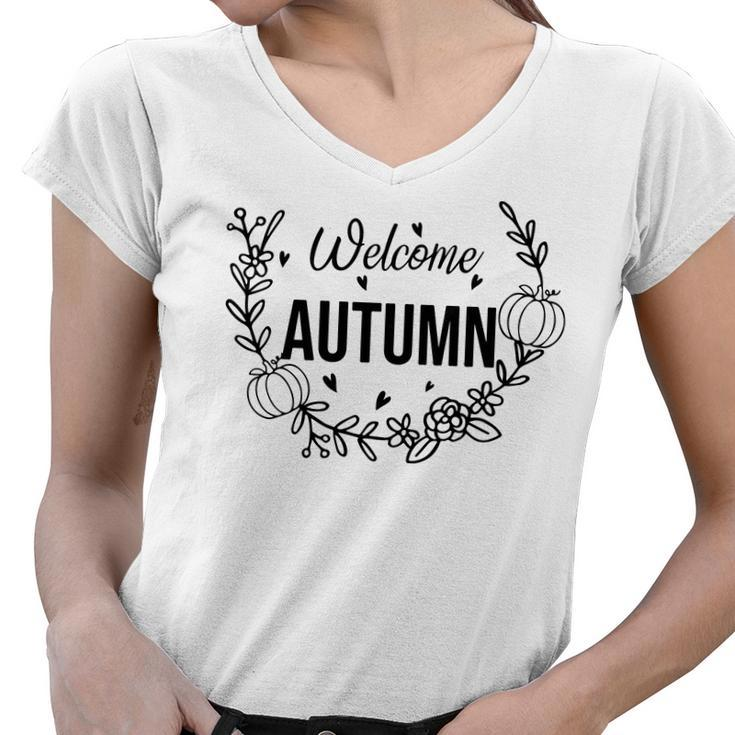 Welcome Autumn Flower Wreath Fall Present Women V-Neck T-Shirt