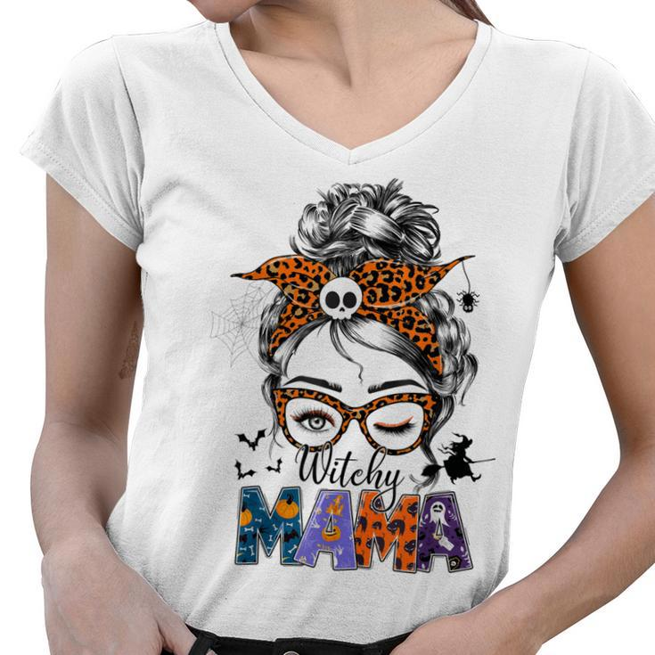 Witchy Mama Halloween Messy Bun Skull Witch Mom Women Spooky  Women V-Neck T-Shirt