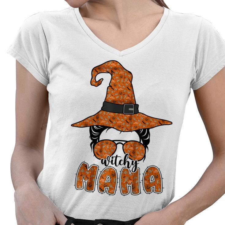 Witchy Mama Halloween Messy Bun Witch Mom Spooky Women  V2 Women V-Neck T-Shirt