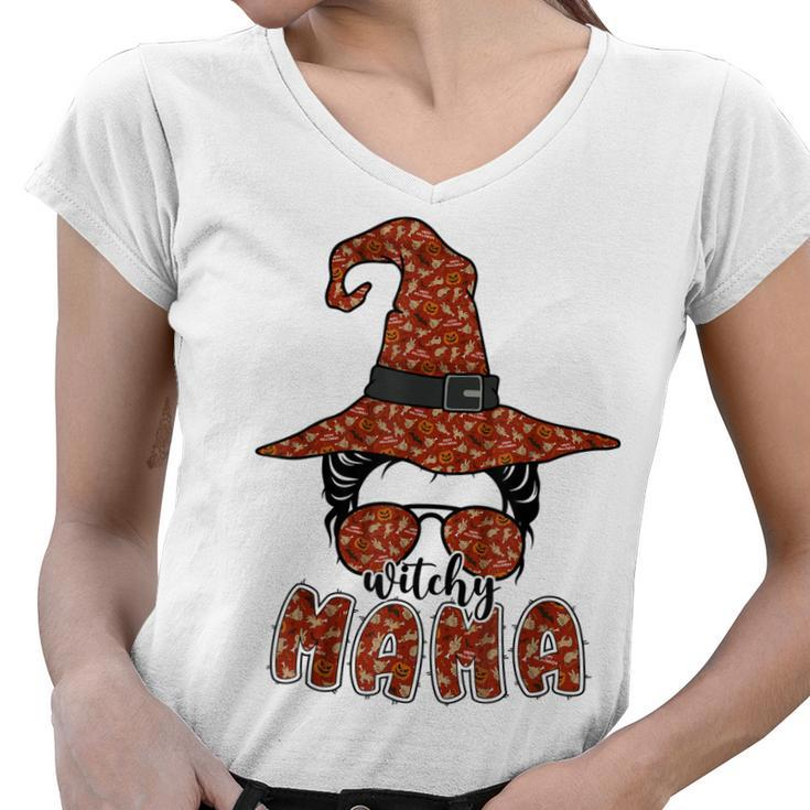 Witchy Mama Halloween Messy Bun Witch Mom Spooky Women  Women V-Neck T-Shirt