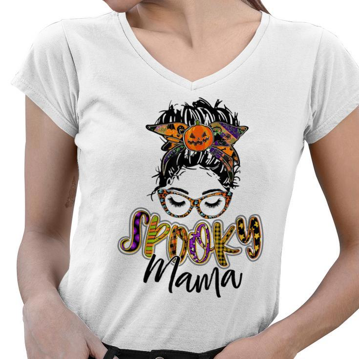 Women Spooky Mama Messy Bun Pumpkin Patch Halloween  Women V-Neck T-Shirt