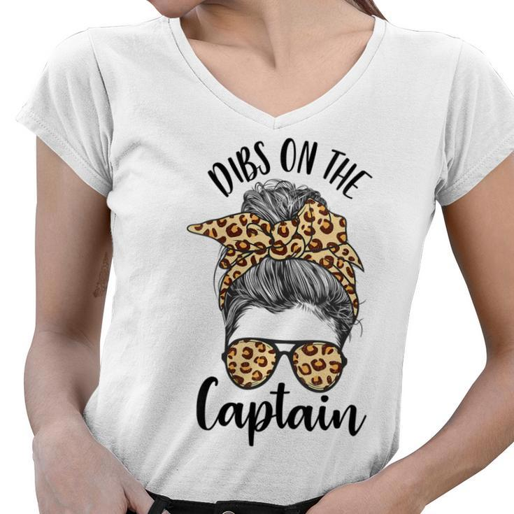 Womens Funny Captain Wife Dibs On The Captain Saying Cute Messy Bun  Women V-Neck T-Shirt