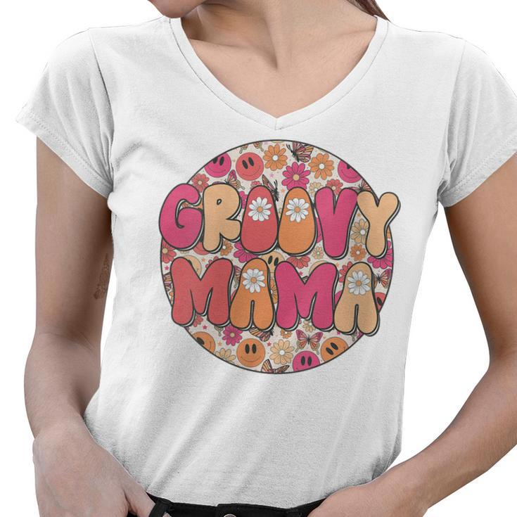 Womens Groovy Mama Hippie Retro Daisy Flower Smile Face  Women V-Neck T-Shirt