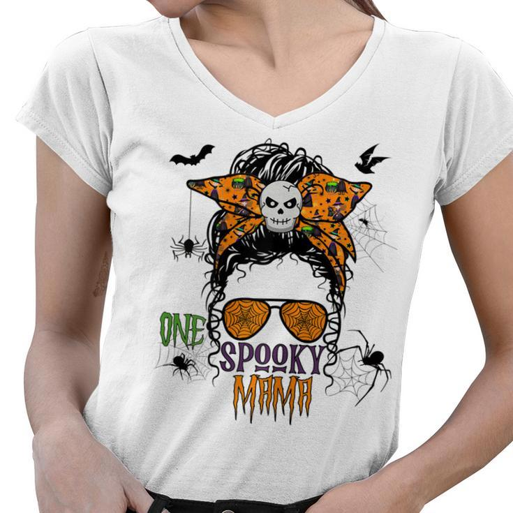 Womens Halloween Messy Bun One Spooky Mama  Women V-Neck T-Shirt