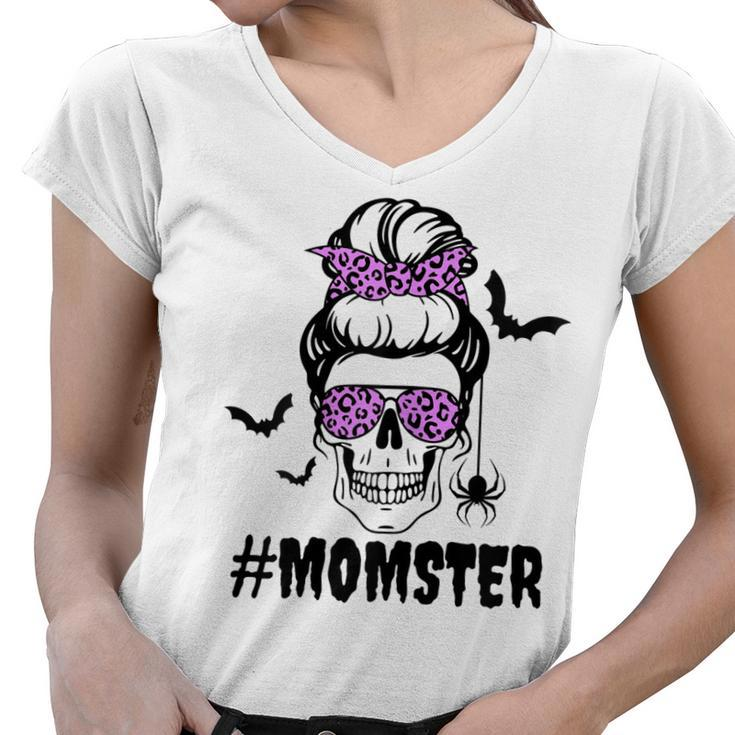 Womens Momster  Funny Halloween Costume Skull Mom Messy Bun  Women V-Neck T-Shirt