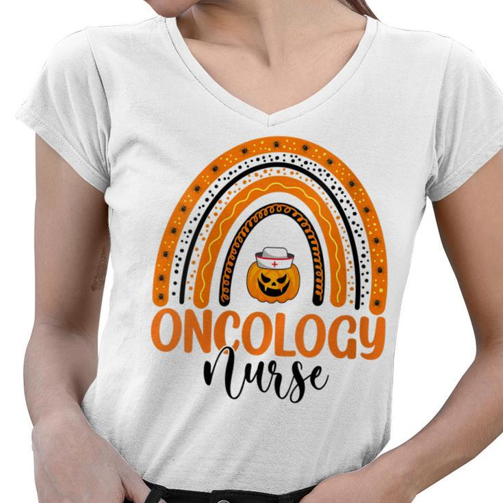 Womens Oncology Nursing Halloween Pumpkin Rainbow Oncology Nurse  Women V-Neck T-Shirt