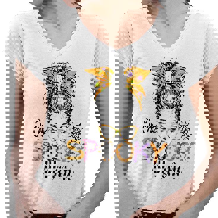 Womens One Spooky Mama Messy Bun Funny Mom Halloween Spider Costume  Women V-Neck T-Shirt
