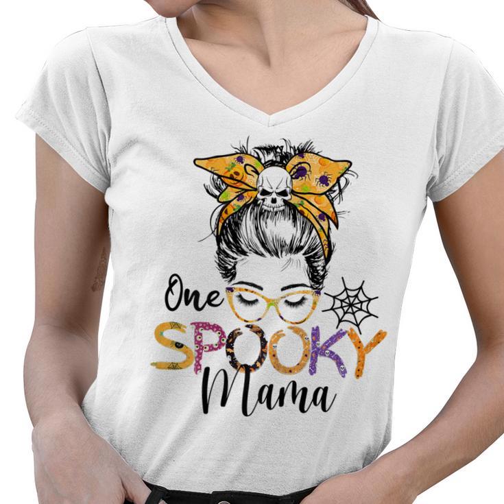 Womens One Spooky Mama Messy Bun Funny Mom Halloween Spider Costume  Women V-Neck T-Shirt