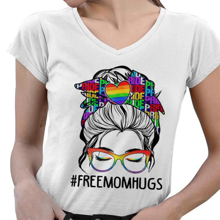 Womens Free Mom Hugs Messy Bun Lgbt Pride Women V-Neck T-Shirt