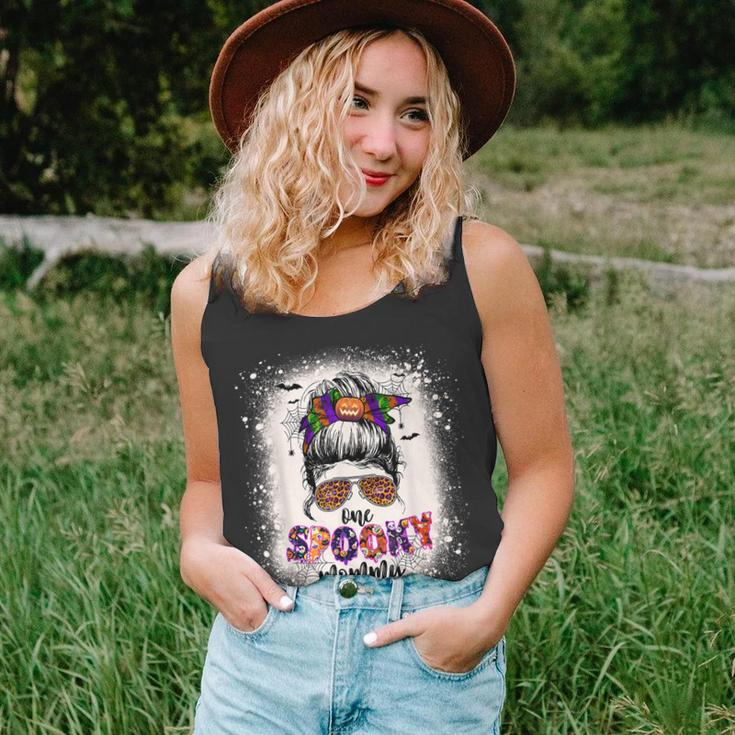One Spooky Mommy Mama Halloween Mom Life Messy Bun Bleached Unisex Tank Top