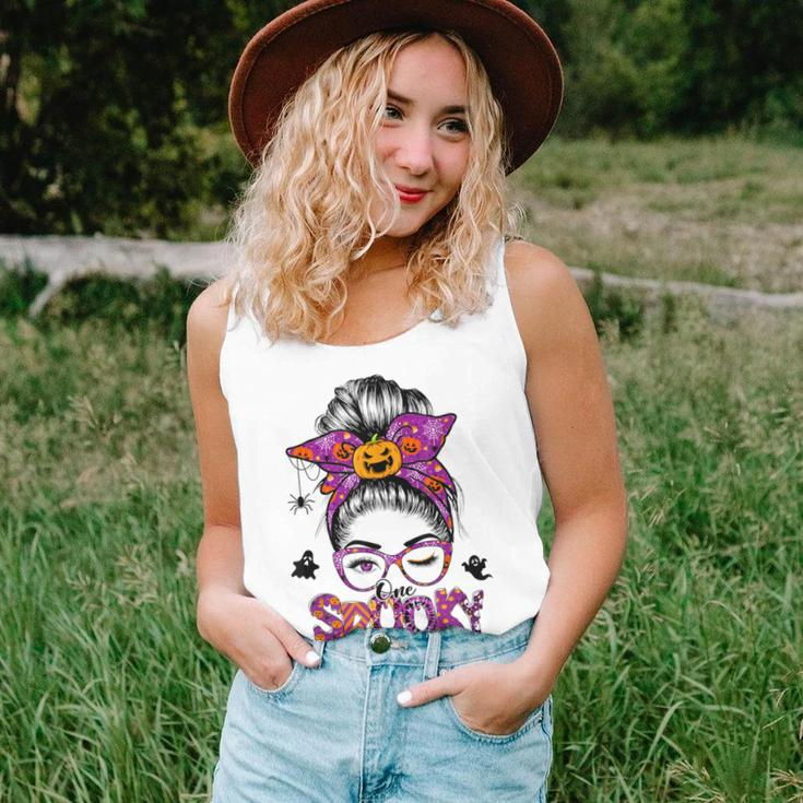 One Spooky Mama For Halloween Messy Bun Mom Monster Bleached V6 Unisex Tank Top
