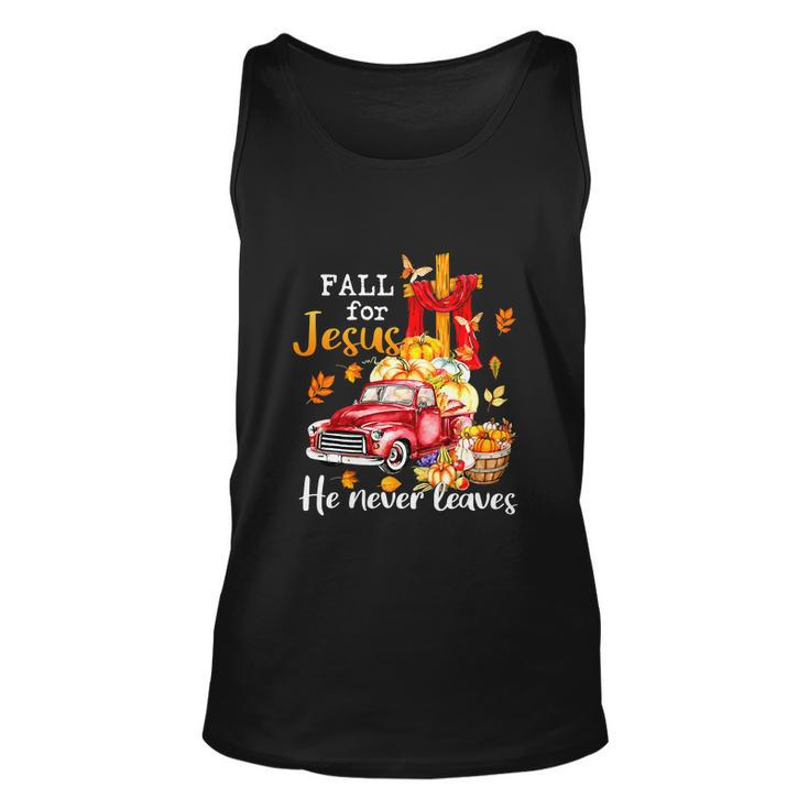 Funny Fall For Jesus He Never Leaves Autumn Christian Graphic Design Printed Casual Daily Basic Unisex Tank Top
