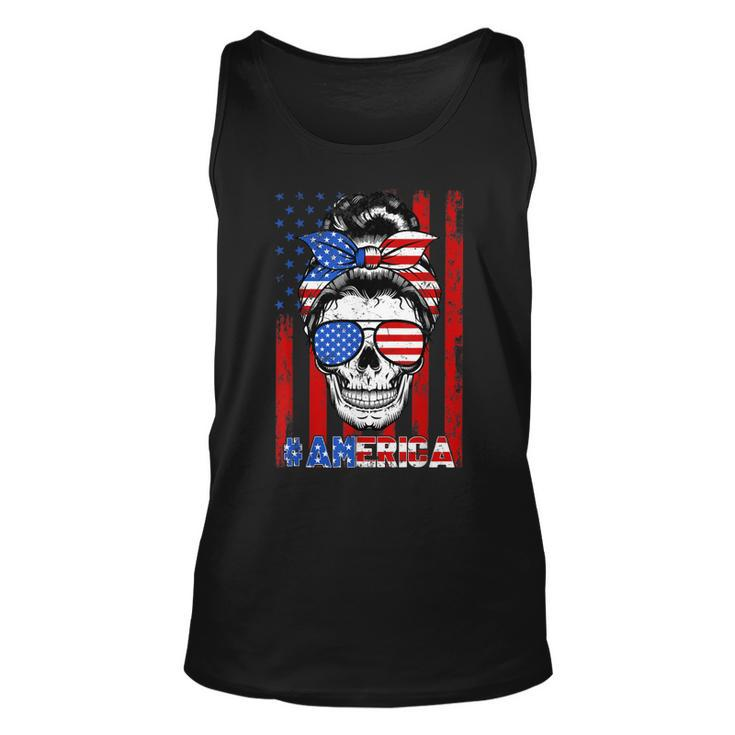 Messy Bun Skull America Flag Glasses 4Th Of July Patriotic  Unisex Tank Top