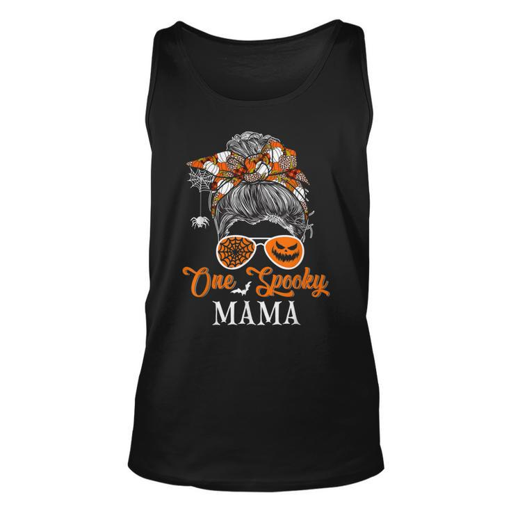 One Spooky Mama Halloween Woman Messy Bun Hair Sunglasses  Unisex Tank Top