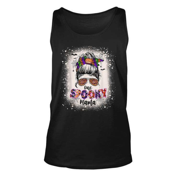 One Spooky Mama Mommy Halloween Mom Life Messy Bun Bleached  Unisex Tank Top