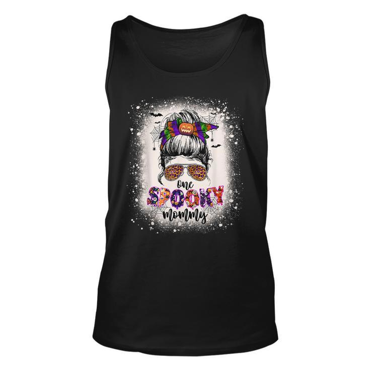 One Spooky Mommy Mama Halloween Mom Life Messy Bun Bleached  Unisex Tank Top
