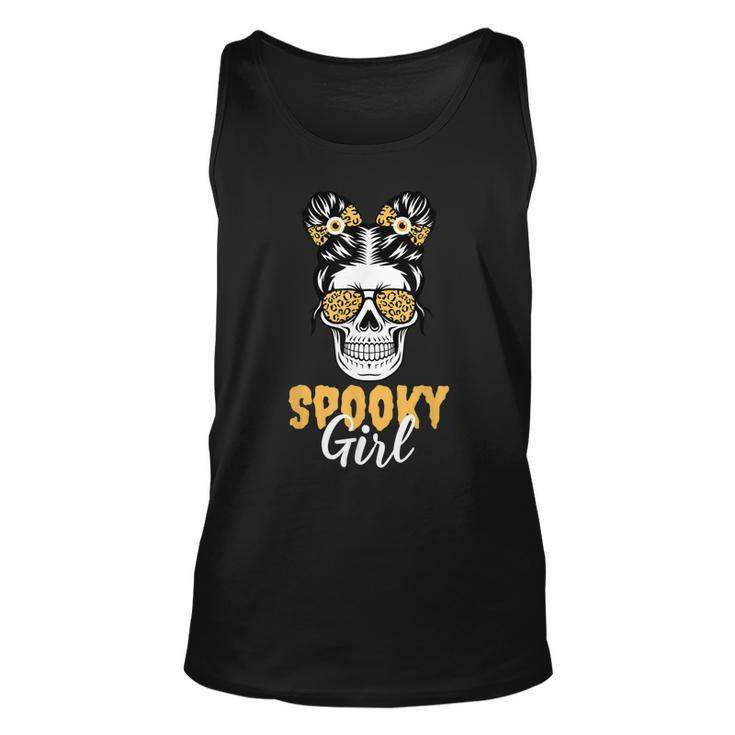 Spooky Halloween Girl Skull Messy Bun Leopard Costume  Unisex Tank Top