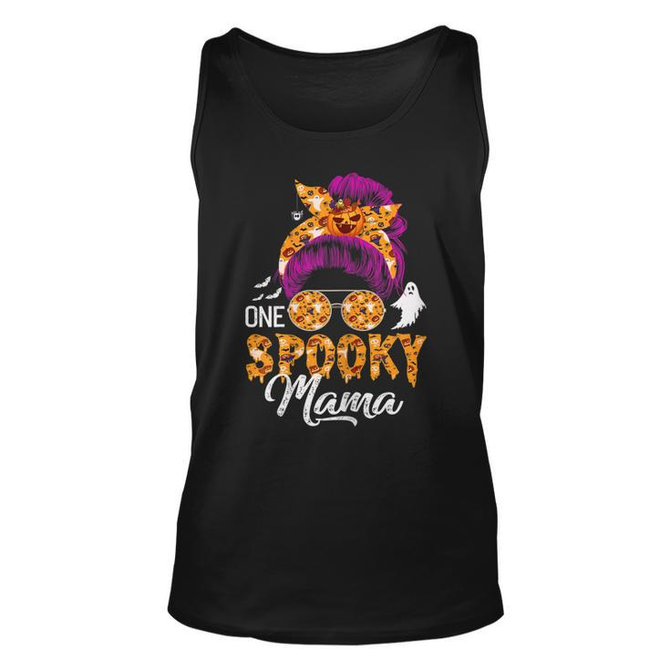 Womens One Spooky Mama  Halloween Messy Bun Hair Ghosts Lover  Unisex Tank Top