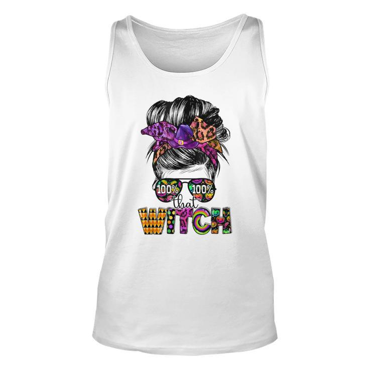 100 That Witch Halloween Costume Messy Bun Skull Witch Girl  Unisex Tank Top