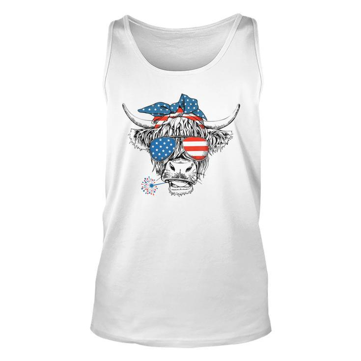 Funny Highland Cow Us Flag Glasses Patriotic July 4Th  Men Women Tank Top Graphic Print Unisex