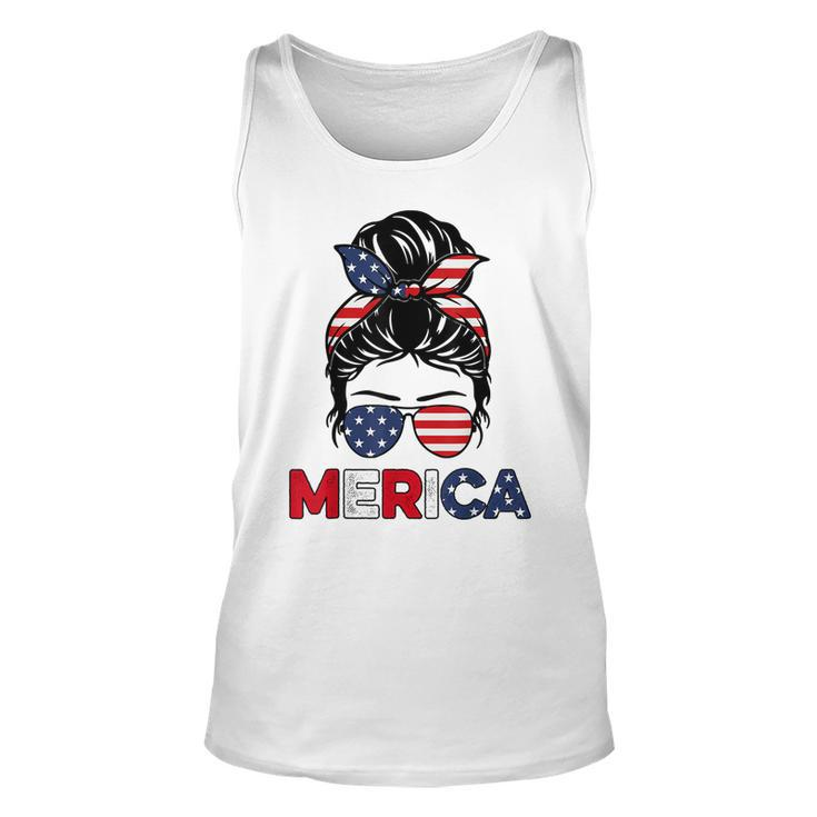 Merica Mom Girl American Flag Messy Bun Hair 4Th Of July Usa  V2 Unisex Tank Top